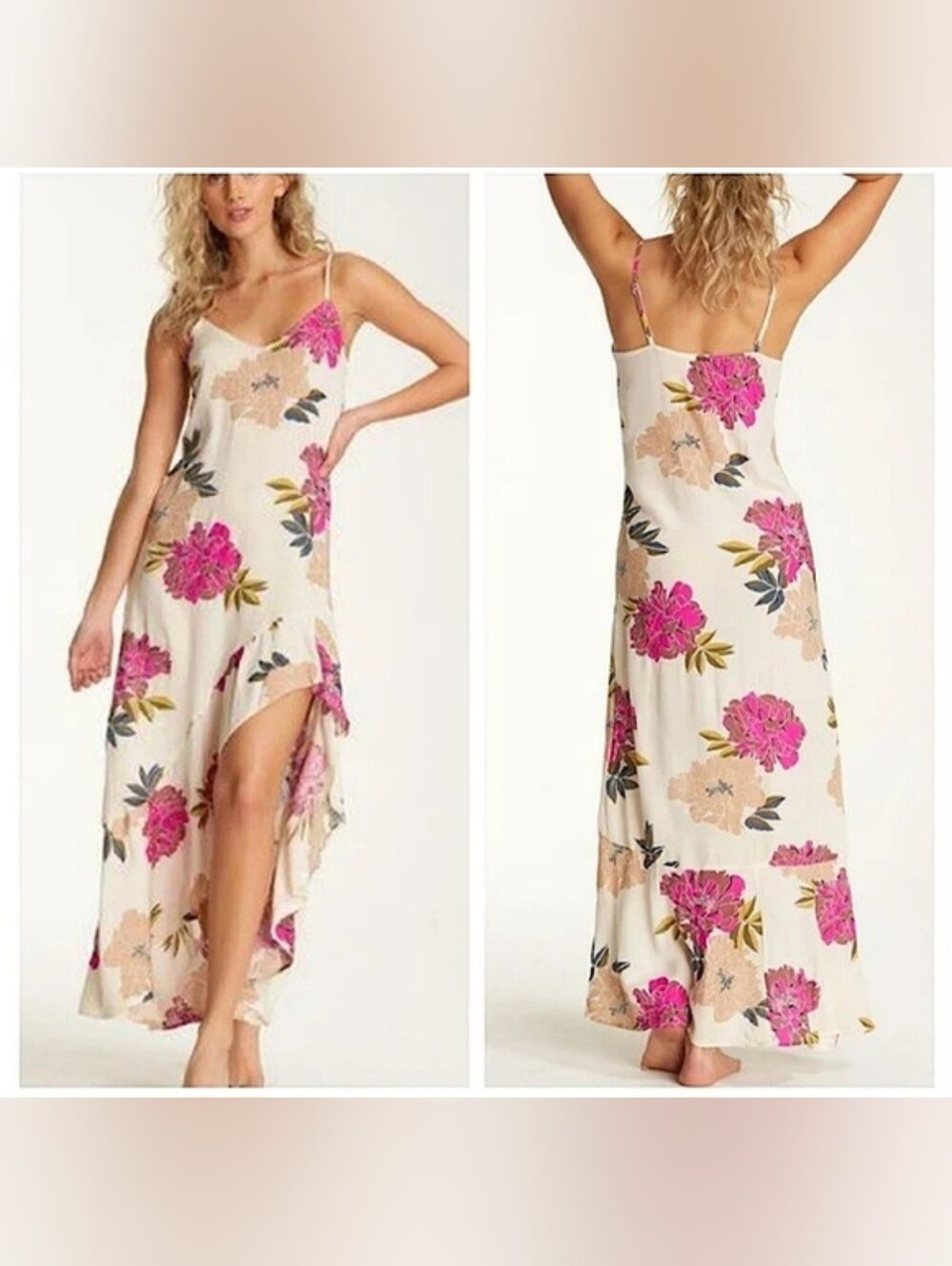 Billabong Cream Floral High-Low Ruffle Dress, Size S